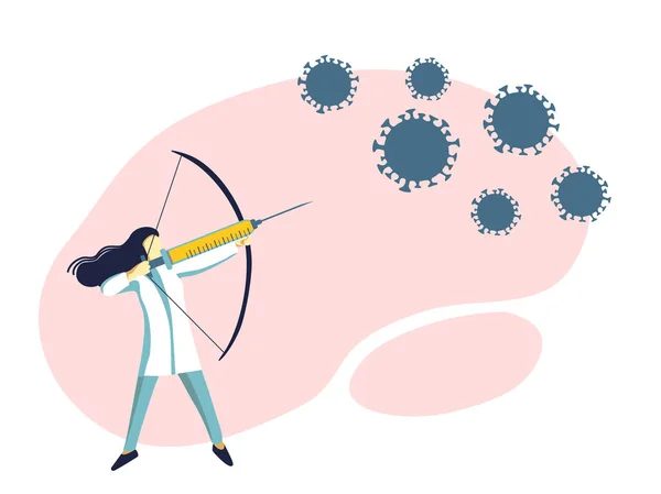 Mujer luchando con coronavirus por jeringa con vacuna. Chica protegiendo de covid, virus corona. Ilustración de vectores médicos para inmunización, vacunación — Vector de stock