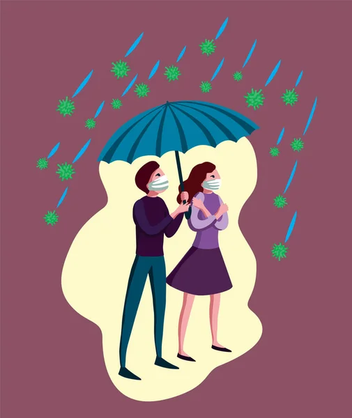 Двоє людей в медичних масках під парасолькою, вірус корона дощу навколо. Концепція захисту від пандемії ковадла-19. Векторний чоловік і жінка малюють — стоковий вектор