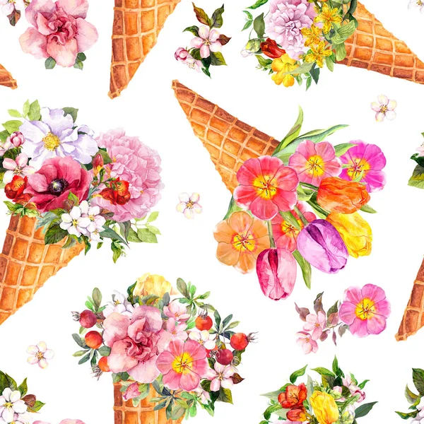 Cono de helado con hermosas flores. Acuarela floral, patrón sin costuras — Foto de Stock