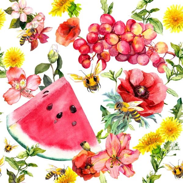 여름 과일, 꽃, 벌. 맛없는 음식 패턴이야. 수채 색 — 스톡 사진