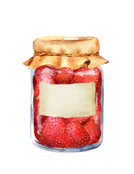 Strawberry jam in glass jar with paper label. Watercolor