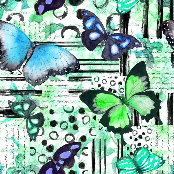 Butterflies and black ink scribbles watercolor hand drawn seamless pattern — Stock Photo, Image