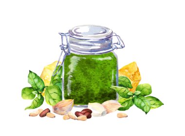 Basil pesto sauce in glass jar with green basil leaves, garlic, cheese and pine nuts. Watercolor food clipart