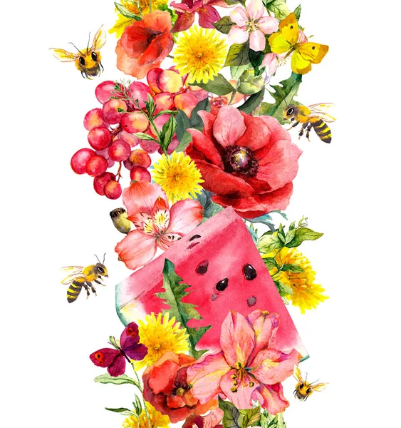 Frutas, flores, hierba, mariposas, abejas. Borde floral sin costuras. Guirnalda de acuarela para diseño de verano — Foto de Stock