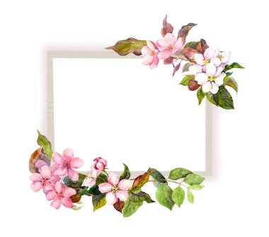 Pembe elmalı kart, kiraz çiçekleri. Suluboya güzel çerçeve