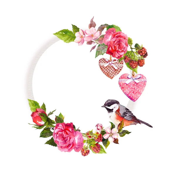 Vintage bloemenkrans voor trouwkaart, Valentijn ontwerp. Bloemen, rozen, bessen, vintage harten en vogels. Aquarel rond frame voor datum tekst opslaan — Stockfoto