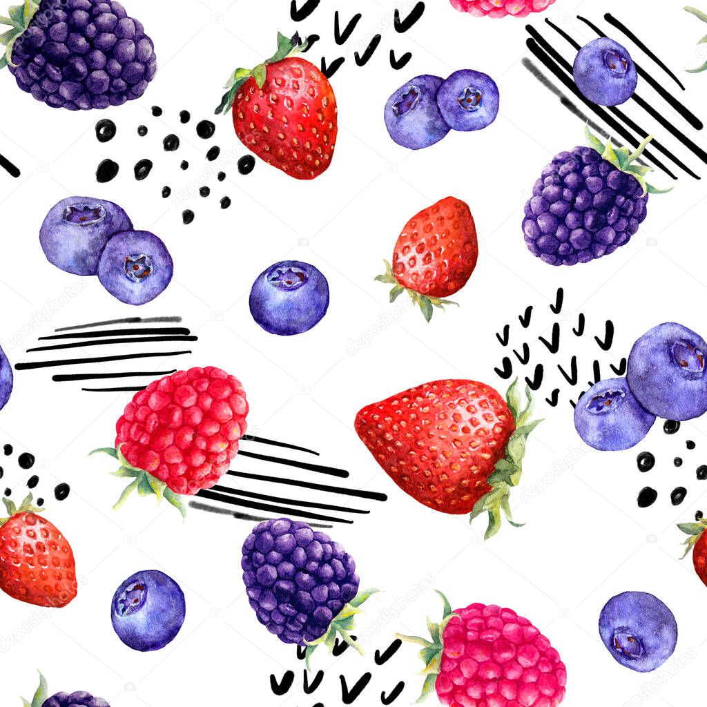 Juicy berries - raspberry, strawberry, black berry, blue berry. Seamless fun food pattern with random lines, dots - memphis positive art. Watercolor