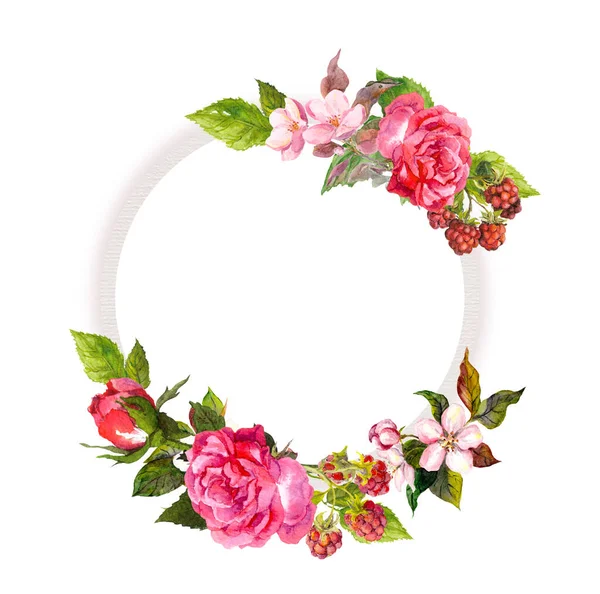 Květinový Věnec Růžemi Růžovými Květy Bobulemi Rámeček Akvarelu Pozdrav Text — Stock fotografie
