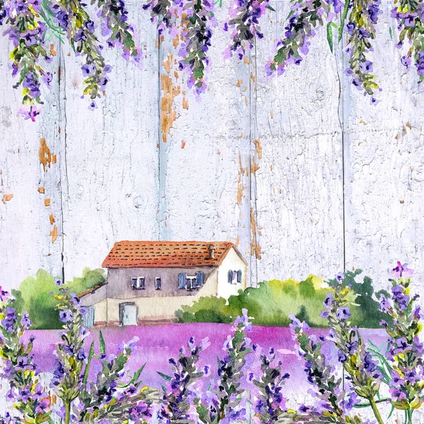 Lavender flowers and farm houses. Watercolor card — Stock Photo, Image