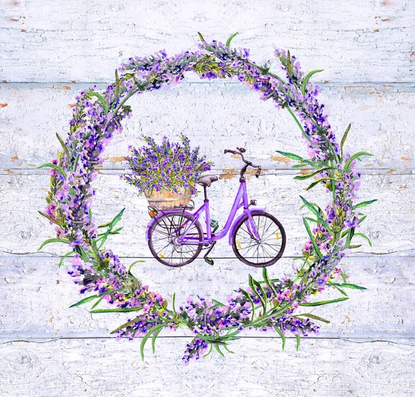 Bicicleta con flores de lavanda en borde redondo de lavanda. Acuarela floral —  Fotos de Stock