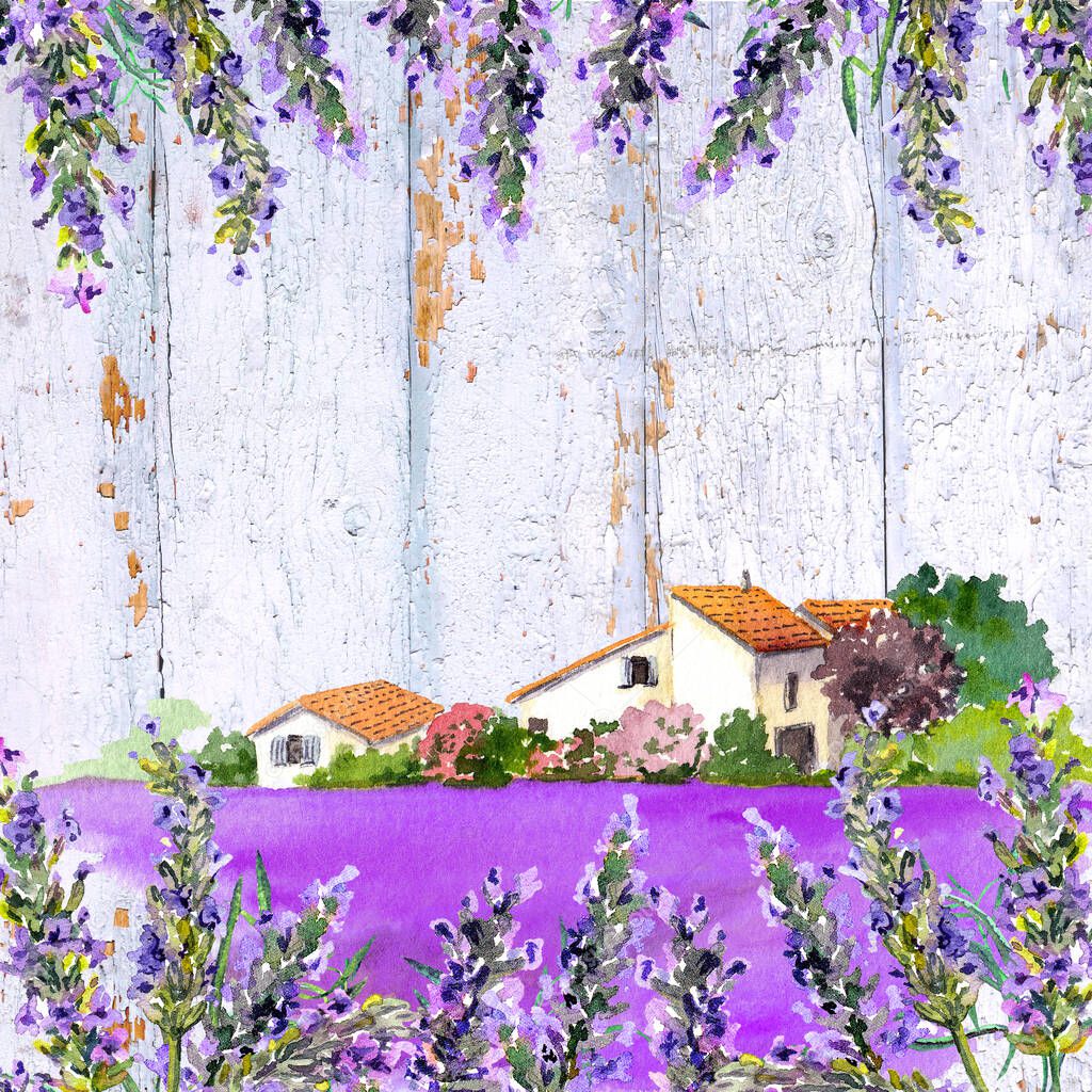 Lavender flowers and farm houses. Watercolor card