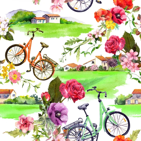 Landhuizen, fiets, bloemen. Naadloos bloemenpatroon. Aquarel zomer ontwerp — Stockfoto