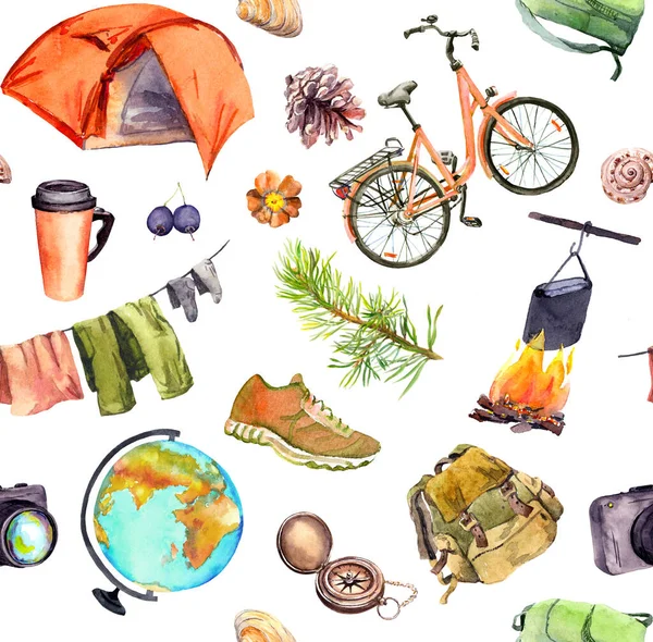テント、キャンプファイヤー、自転車、バックパック、観光機器。シームレスなパターン。旅行デザインのための水彩、観光日 — ストック写真