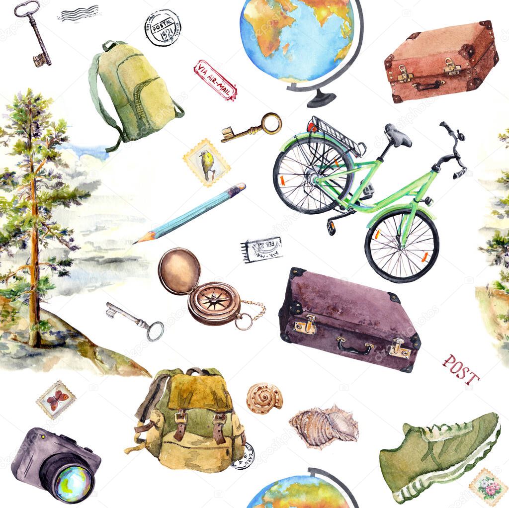 Travel seamless pattern with pine tree, tavel equipment - bicycle, photo camera, compass, suitcase, backpack. Watercolor tourist design
