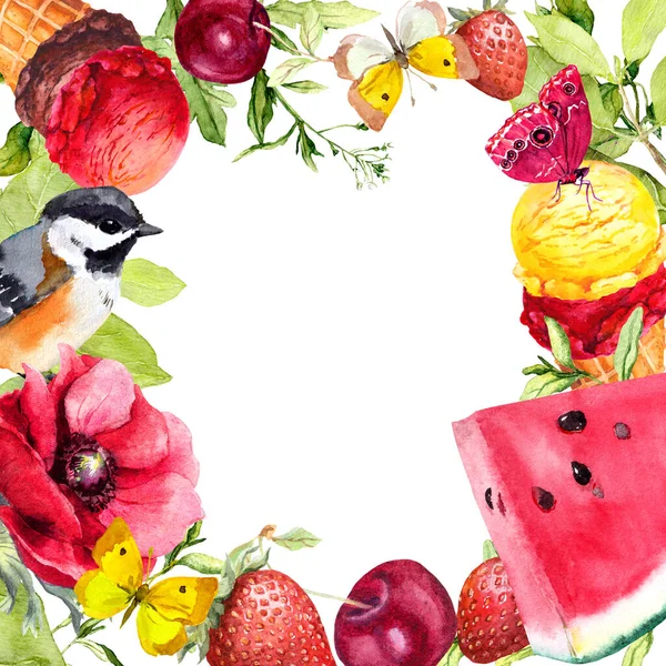 Fruits d'été, baies, glace, fleurs, oiseaux, papillons. Carte carrée aquarelle avec cerise mûre, fraise fraîche, pastèque — Photo