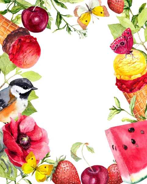 Летние фрукты, ягоды, мороженое, цветы, птица, бабочки. Акварель граница, рамка, карточка для летнего дизайна — стоковое фото