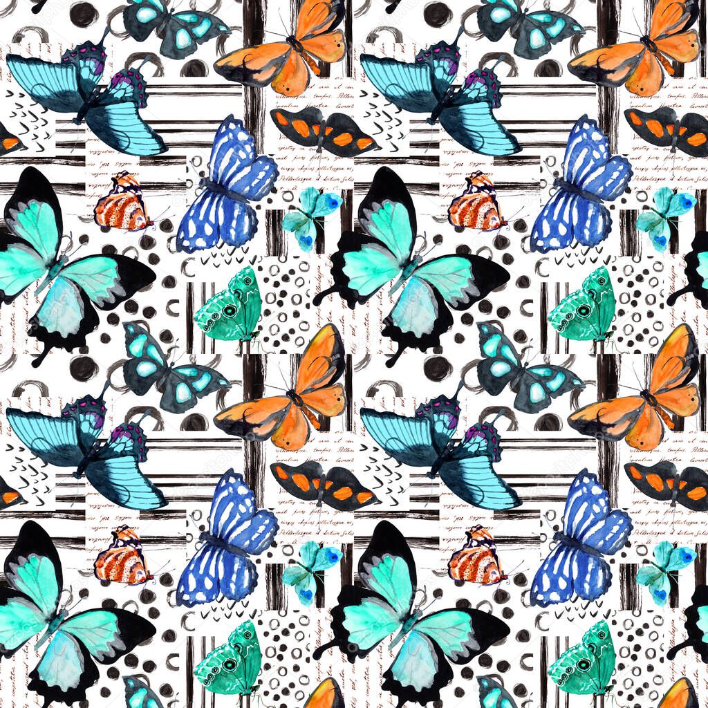 Butterflies and black ink lines watercolor hand drawn repeated pattern. Summer insects with handwriting, paint scribbles decorative notes. Moths wallpaper