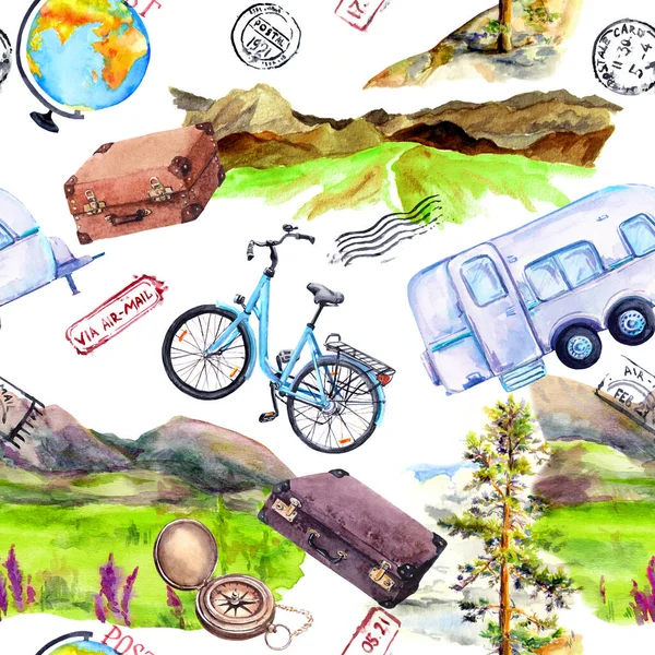 Bicicleta, reboque, montanhas, caixas, mochilas, marcas postais. Viagem, conceito de viagem. Repetindo fundo. Aquarela — Fotografia de Stock