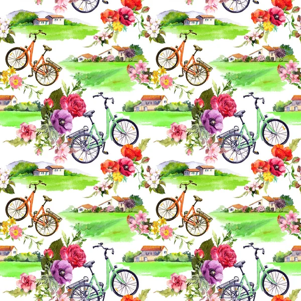 Paisajes rurales casas de pueblo, bicicleta, flores. Patrón floral sin costuras. Acuarela verano diseño —  Fotos de Stock