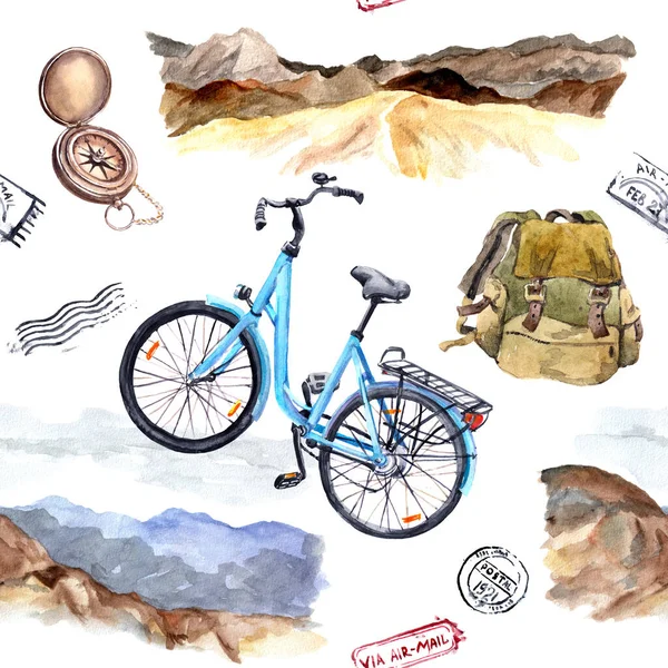 Kompas, fiets, bergen. Ontdekkingsconcept. Reis naadloos patroon. Waterverf — Stockfoto
