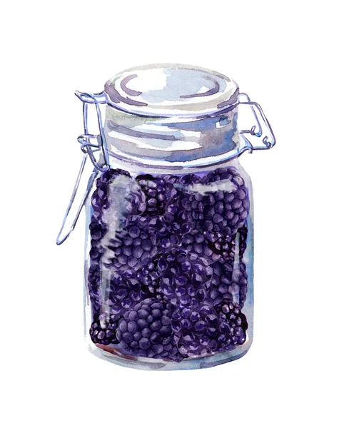 Blackberry jam in glass jar. Watercolor food illustration — Stock Photo, Image