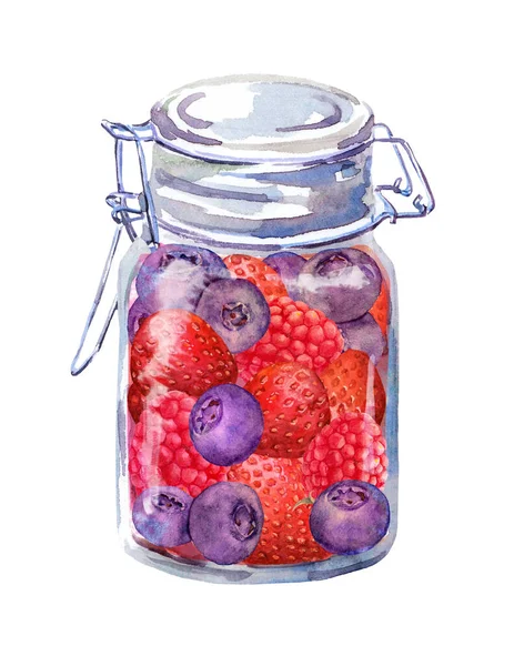 Confiture aux baies - fraise, framboise, myrtille dans un bocal en verre. Aquarelle — Photo