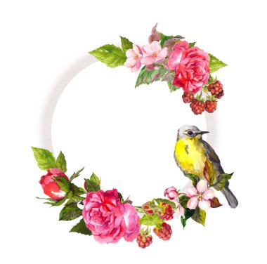 Düğün kartı için klasik çiçek çelengi. Çiçekler, güller, meyveler, kuşlar. Kaydetme tarihi metni için suluboya yuvarlak çerçeve