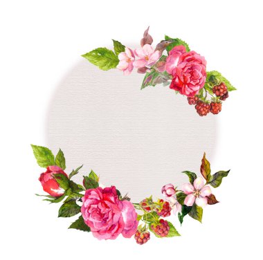 İçinde güller, çiçekler, böğürtlenler olan klasik bir kart. Suluboya daire deseni