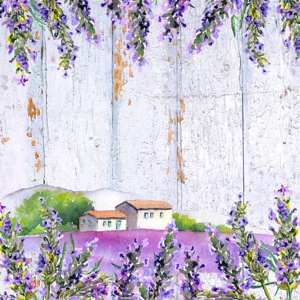Flores de lavanda e casas de fazenda. Cartão aquarela — Fotografia de Stock