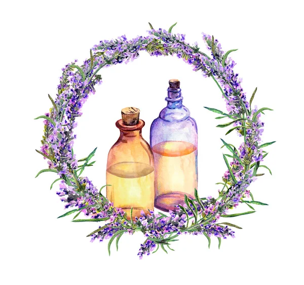 Lavendelöl - Parfümflasche im Lavendelblütenkranz. Aquarell für kosmetische Gestaltung — Stockfoto