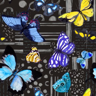 Kelebekler. Kelebekli kusursuz bir arka plan. Siyah dokuya suluboya ve mürekkep geometrisi arkaplanı. Çizgiler, noktalar, harfler