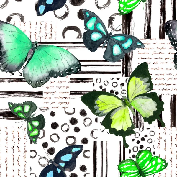 ビスケーグリーン、ミントの色で蝶。エキゾチックな蝶とシームレスな背景。幾何学的なテクスチャ、手描きの要素、手書きのテキストと水彩。モノクロームの縞模様 — ストック写真
