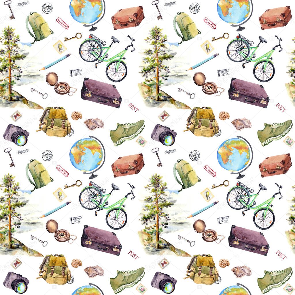 Travel design, tourist equipment - compass, backpack, bicycle, photo camera. Watercolor tourism design. Seamless pattern