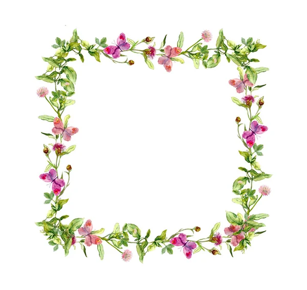 Vlinders in weidegras. Bloemen aquarel frame voor zomerkaart — Stockfoto