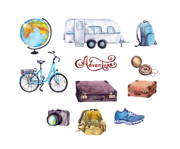 Conjunto de elementos de viagem globo, bússola, bicicleta, reboque, mala, mochila. Coleção aquarela com texto Aventura — Fotografia de Stock