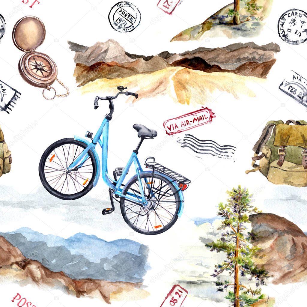 Vintage compass, bycicle, postal marks, mountains. Travel concept. Seamless background. Watercolor