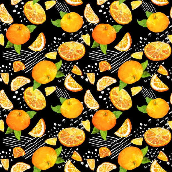 Diseño de fruta fresca con naranjas, rodajas de naranja, hojas, puntos divertidos, líneas gráficas. Patrón sin costuras de verano sobre fondo negro. Acuarela positiva en estilo memphis — Foto de Stock