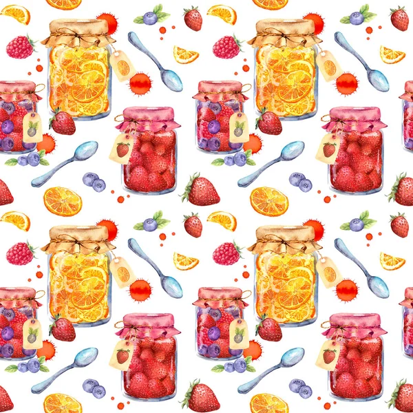 Dzsemes üvegek gyümölcsökkel és bogyókkal - eper, málna, áfonya. Zökkenőmentes étel minta. Akvarell — Stock Fotó