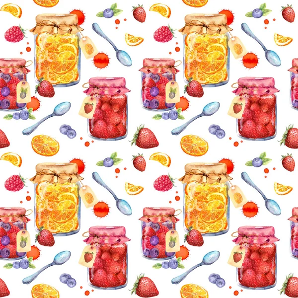 Jam jars with fruits and berries - strawberry, raspberry, blueberry. Seamless food pattern. Watercolor