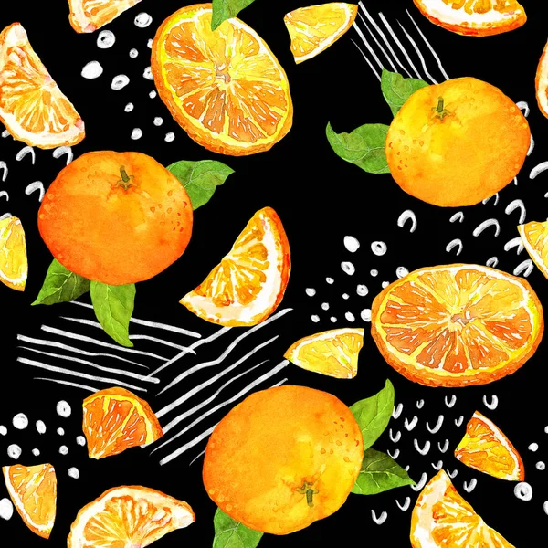 Kleurrijk fruitontwerp met mandarijnen en sinaasappelschijfjes, bladeren, willekeurige stippen, moderne lijnen. Summer herhaalt patroon op zwarte achtergrond. Positieve aquarel in memphis stijl — Stockfoto