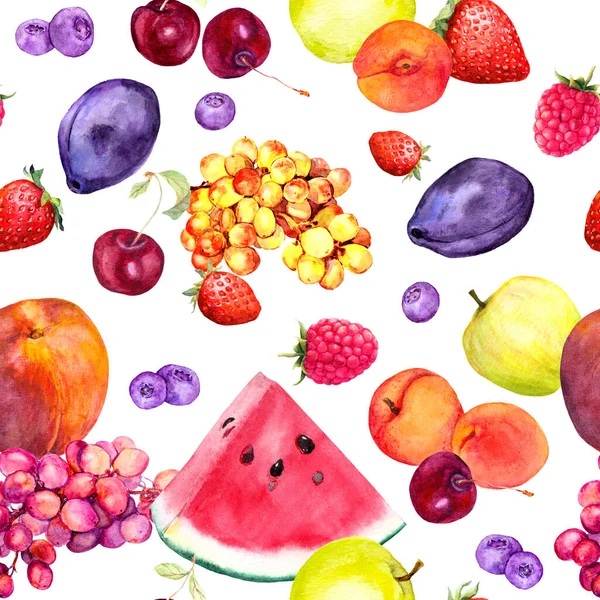 Mélange de fruits d'été et de baies. Modèle de nourriture sans couture. Aquarelle — Photo