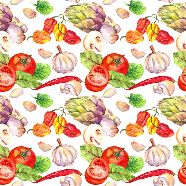 野菜とキッチンパターン-トマト、ピーマン、肌寒い、ニンニク。シームレスな調理の背景。水彩画 — ストック写真
