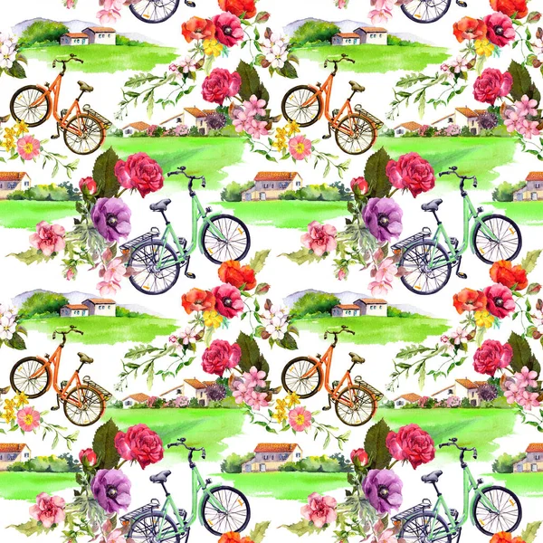 Casas de campo, bicicleta, flores. Patrón floral sin costuras. Acuarela verano diseño —  Fotos de Stock