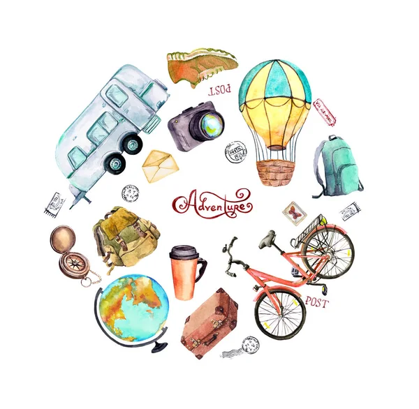 Luftballon, Fahrrad, Anhänger, Koffer, Touristenrucksack, Globus, Kompass, Briefmarken. Reisekarte, Touristenplakat. Aquarell zum Tourismustag — Stockfoto