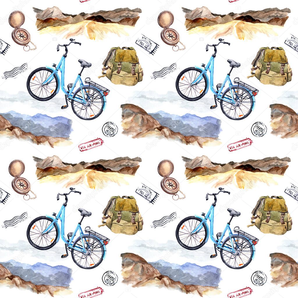 Compass, bycicle, postal marks, mountains. Travel concept. Repeating background, watercolor