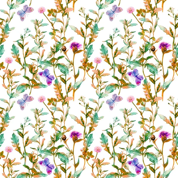 Herbstwiese, Prärie. Blütenzweige, Blumen. Vintage nahtlose räumliche Muster. Aquarell — Stockfoto