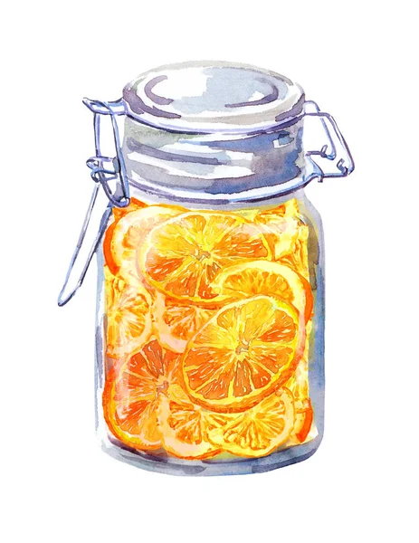 Rebanadas de naranja en frasco de vidrio. Alimento acuarela, conservación de cítricos —  Fotos de Stock