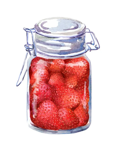 Confiture de fraises aux baies dans un bocal en verre. Aquarelle — Photo