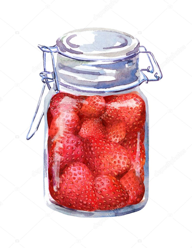 Strawberry jam with berries in glass jar. Watercolour