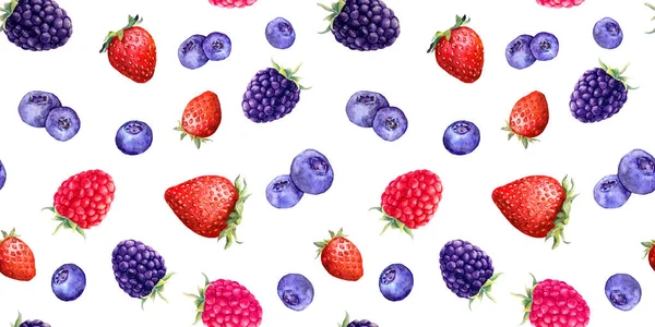 夏の果実-ラズベリー、イチゴ、ブラックベリー、ブルーベリー。シームレスな食品パターン。水彩画 — ストック写真
